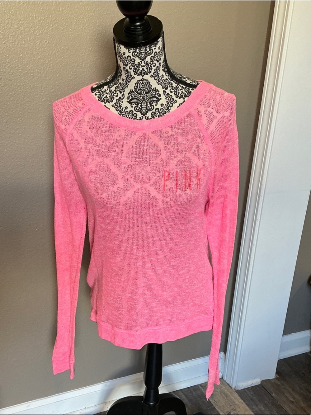 PINK Victoria's Secret Neon Pink Sheer Yoke Scoop Sweatshirt Size XS
